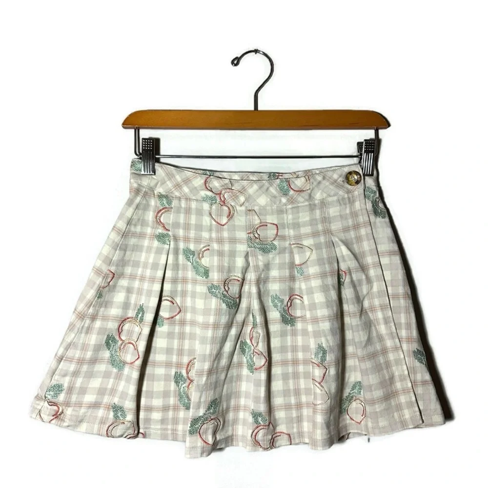 Urban Outfitters Plaid Embroidered Peach Print Wrap Pleated Skirt Size Small - Picture 5 of 11